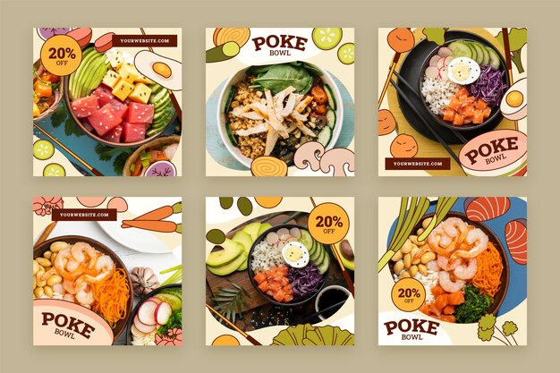 Coleção de postagens do instagram de puxão desenhada à mão
