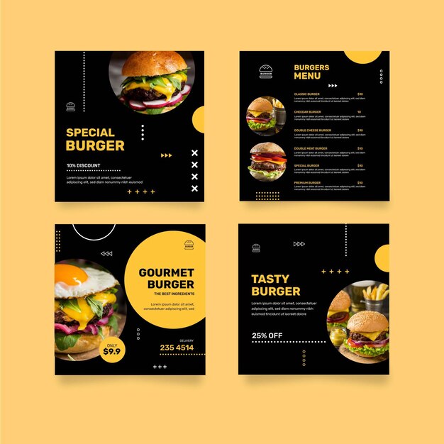 Coleção de postagens do instagram de restaurante de hambúrgueres