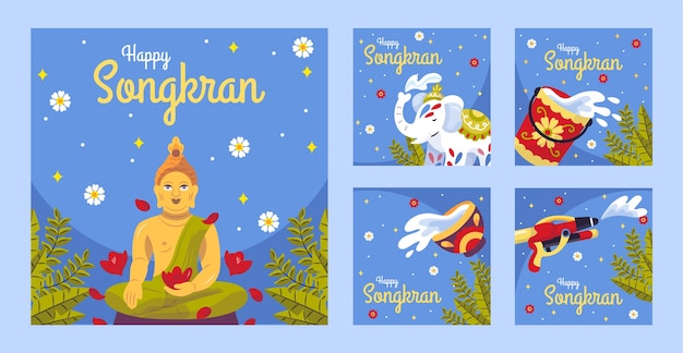 Vetor grátis coleção de postagens do instagram de songkran plana