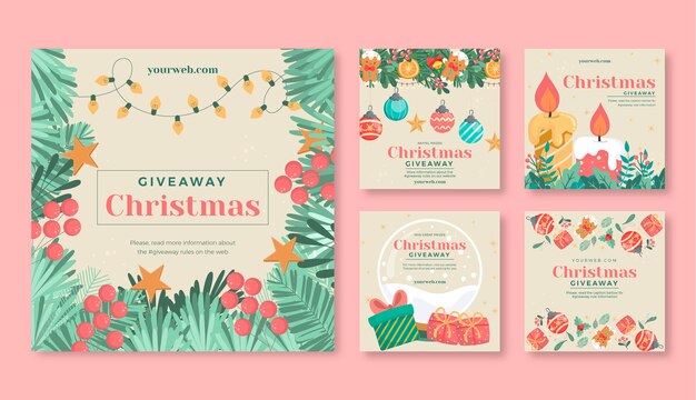 Coleção de postagens do instagram de sorteio de natal desenhada à mão
