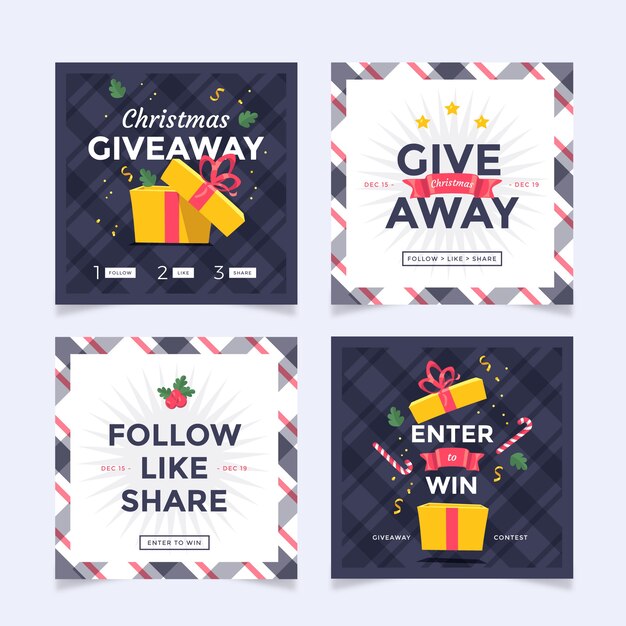 Coleção de postagens do instagram de sorteio de natal desenhada à mão