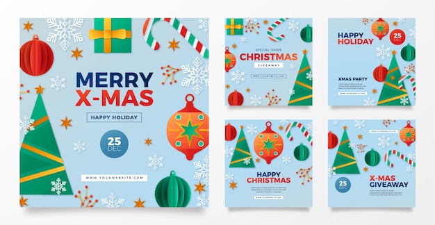 Coleção de postagens do instagram de temporada de natal estilo papel