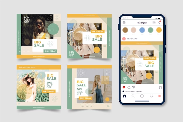 Vetor grátis coleção de postagens do instagram de venda de primavera