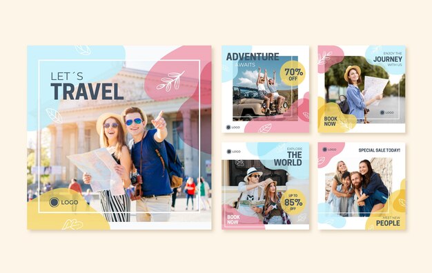 Coleção de postagens do Instagram de viagens desenhada à mão