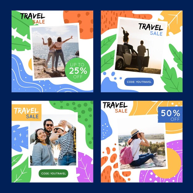 Coleção de postagens do Instagram de viagens desenhada à mão