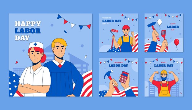 Coleção de postagens do instagram desenhadas à mão para a celebração do dia do trabalho americano
