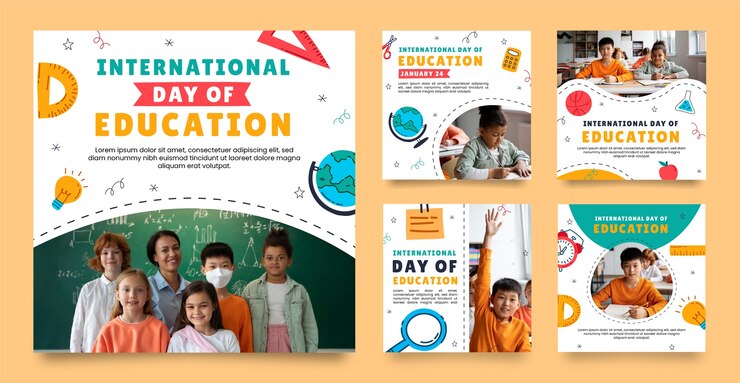 Coleção de postagens do instagram desenhadas à mão para celebração do dia internacional da educação
