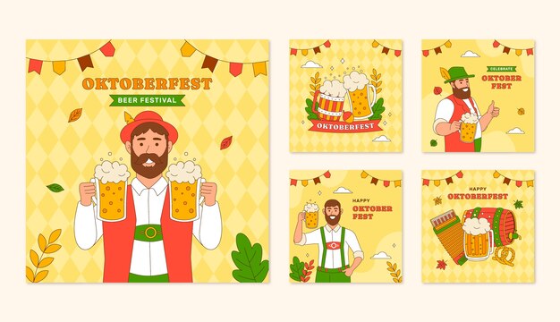 Coleção de postagens do instagram desenhadas à mão para celebração do festival de cerveja oktoberfest