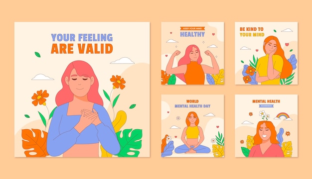 Coleção de postagens do Instagram desenhadas à mão para conscientização do Dia Mundial da Saúde Mental