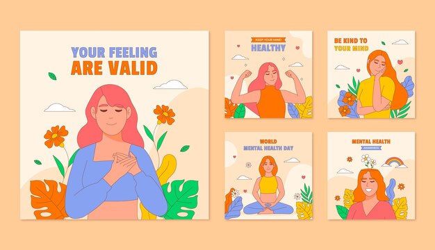 Coleção de postagens do Instagram desenhadas à mão para conscientização do Dia Mundial da Saúde Mental
