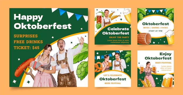 Coleção de postagens do instagram desenhadas à mão para o festival oktoberfest