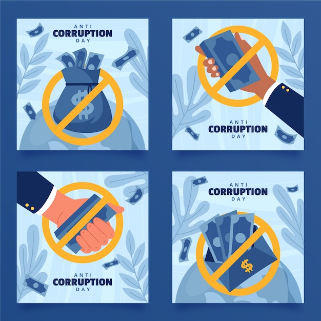Vetor grátis coleção de postagens do instagram do dia anti-corrupção desenhada à mão