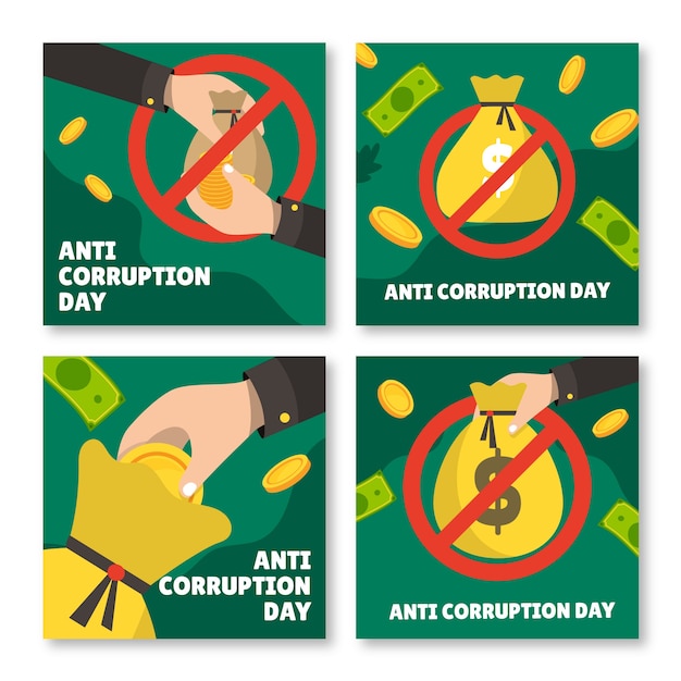 Vetor grátis coleção de postagens do instagram do dia anti-corrupção plana