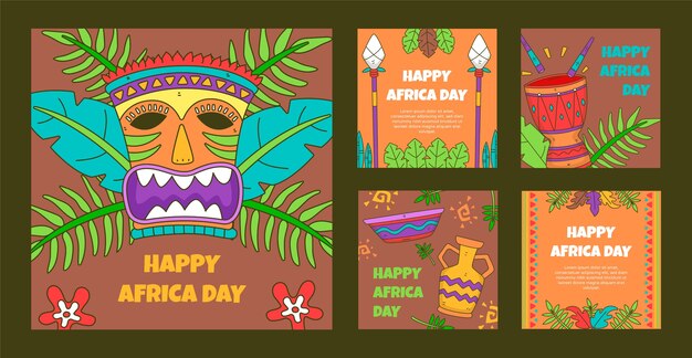 Coleção de postagens do instagram do dia da áfrica desenhada à mão