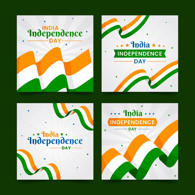 Coleção de postagens do instagram do dia da independência da Índia plana
