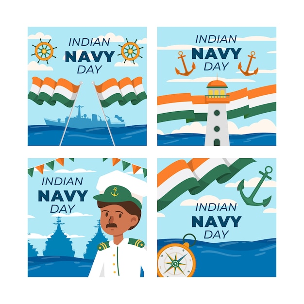 Coleção de postagens do instagram do dia da marinha indiana desenhada à mão