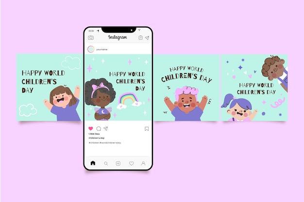 Coleção de postagens do instagram do dia das crianças desenhadas à mão