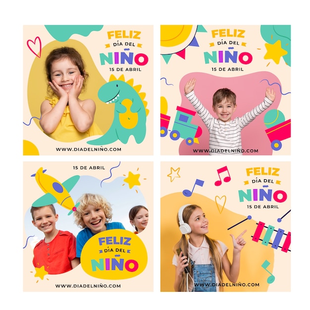 Coleção de postagens do instagram do dia das crianças plana em espanhol