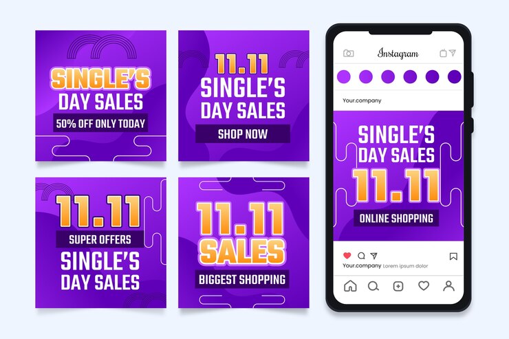 Vetor grátis coleção de postagens do instagram do dia de compras do dia dos solteiros gradiente 11.11