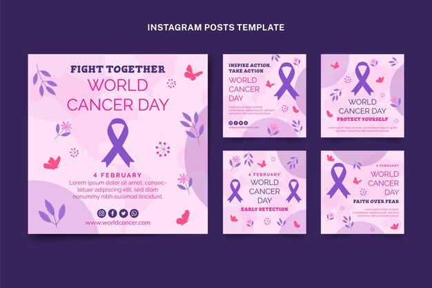 Coleção de postagens do instagram do Dia do Câncer no mundo plano
