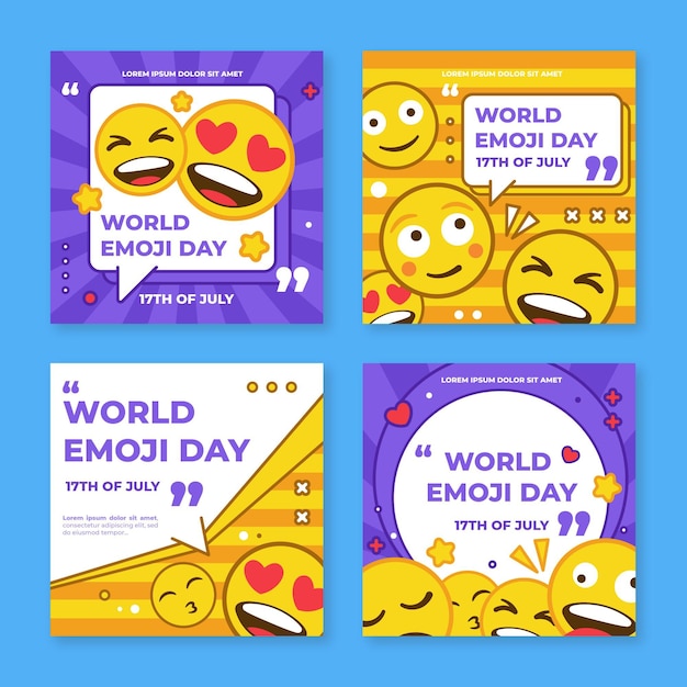 Vetor grátis coleção de postagens do instagram do dia do emoji do mundo plano