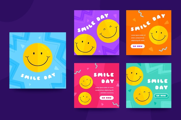 Vetor grátis coleção de postagens do instagram do dia do sorriso do mundo plano desenhado à mão