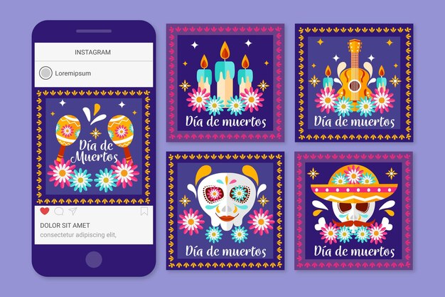 Vetor grátis coleção de postagens do instagram do dia dos mortos