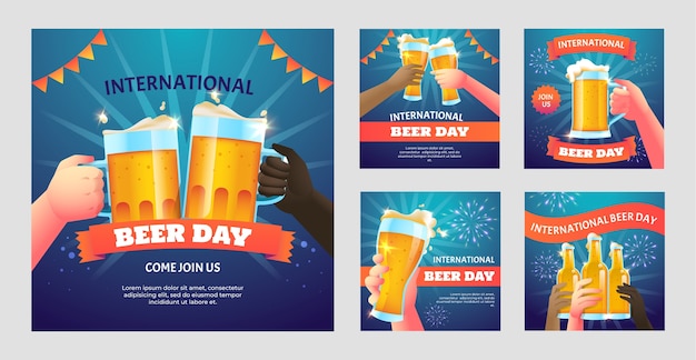 Vetor grátis coleção de postagens do instagram do dia internacional da cerveja gradiente