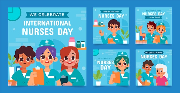 Vetor grátis coleção de postagens do instagram do dia internacional das enfermeiras plana