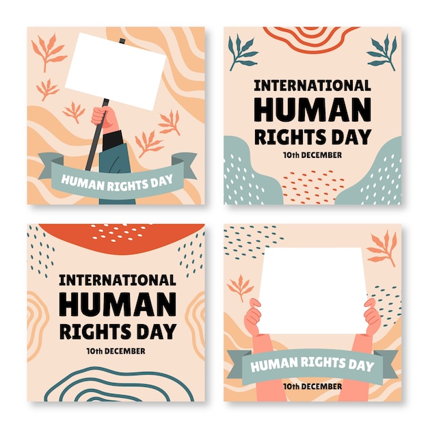 Coleção de postagens do instagram do dia internacional dos direitos humanos desenhada à mão