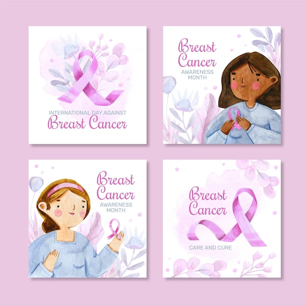 Vetor grátis coleção de postagens do instagram do dia internacional em aquarela contra o câncer de mama