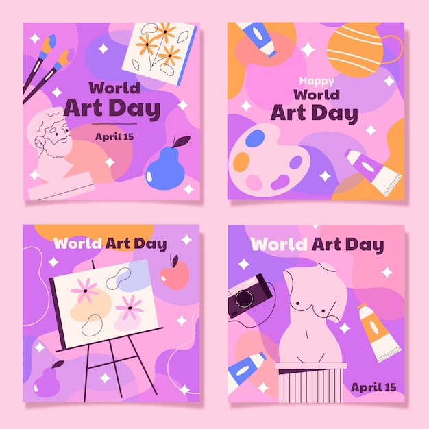 Vetor grátis coleção de postagens do instagram do dia mundial da arte desenhada à mão