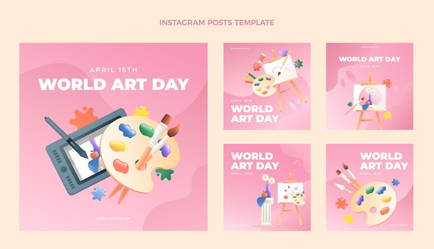 Vetor grátis coleção de postagens do instagram do dia mundial da arte gradiente