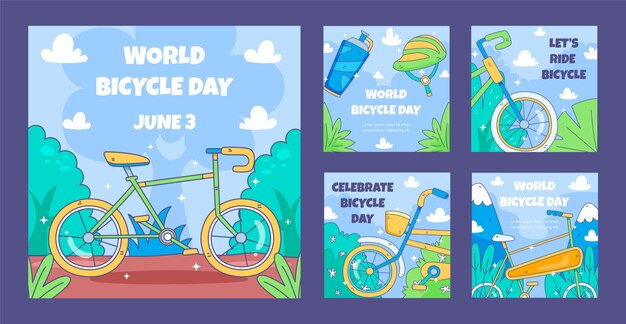 Vetor grátis coleção de postagens do instagram do dia mundial da bicicleta desenhada à mão