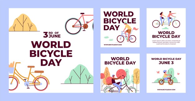 Vetor grátis coleção de postagens do instagram do dia mundial da bicicleta plana