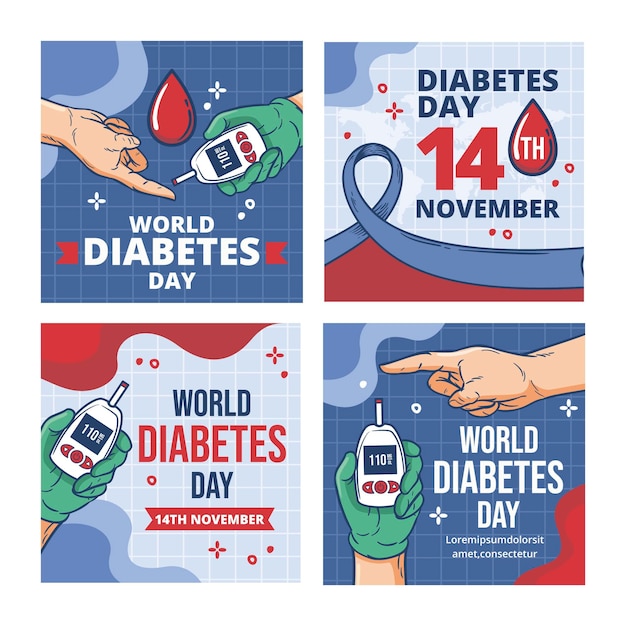 Vetor grátis coleção de postagens do instagram do dia mundial da diabetes desenhada à mão