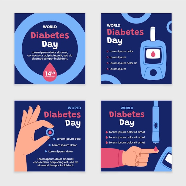 Coleção de postagens do Instagram do Dia Mundial da Diabetes desenhada à mão