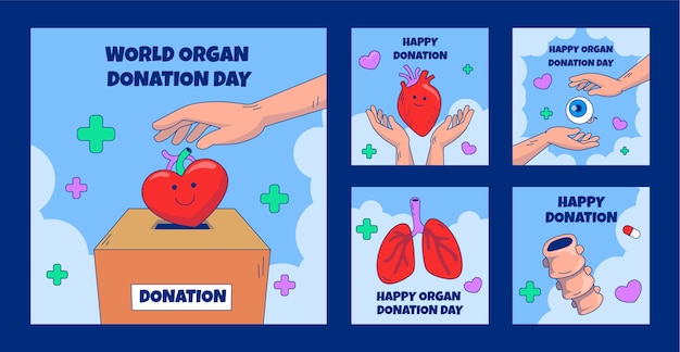 Coleção de postagens do instagram do dia mundial da doação de órgãos desenhada à mão