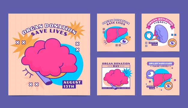 Coleção de postagens do instagram do dia mundial da doação de órgãos desenhada à mão