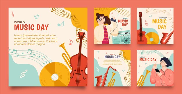 Coleção de postagens do instagram do dia mundial da música plana
