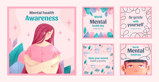 Coleção de postagens do instagram do dia mundial da saúde mental em aquarela