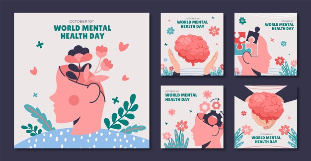 Coleção de postagens do instagram do dia mundial da saúde mental plana