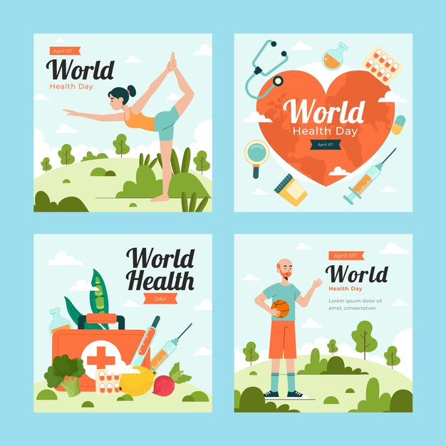 Coleção de postagens do instagram do dia mundial da saúde plana