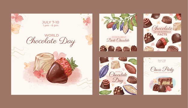 Coleção de postagens do instagram do dia mundial do chocolate em aquarela com doces