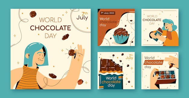 Vetor grátis coleção de postagens do instagram do dia mundial do chocolate plano