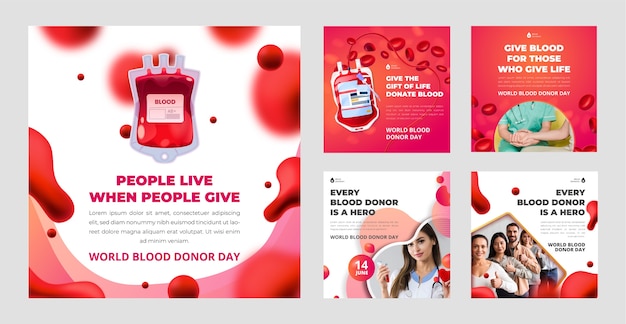 Coleção de postagens do instagram do dia mundial do doador de sangue gradiente