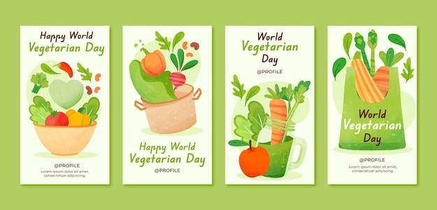 Vetor grátis coleção de postagens do instagram do dia mundial do vegetariano em aquarela