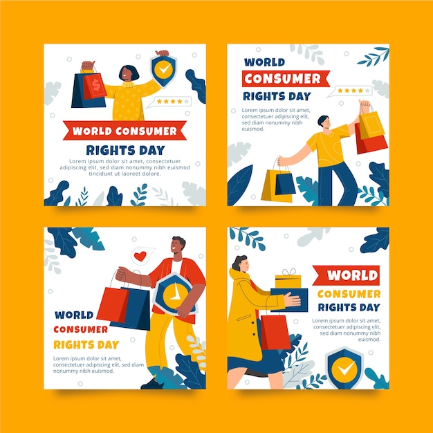 Vetor grátis coleção de postagens do instagram do dia mundial dos direitos do consumidor plana