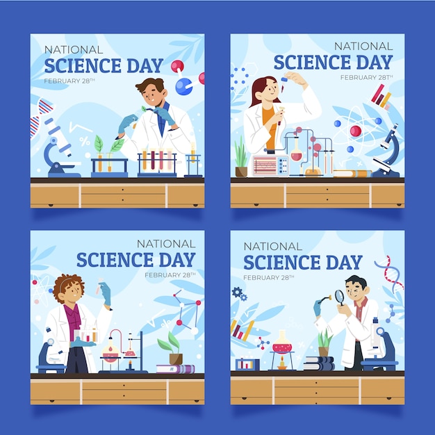 Vetor grátis coleção de postagens do instagram do dia nacional da ciência