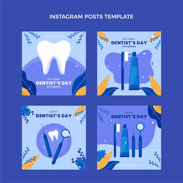 Vetor grátis coleção de postagens do instagram do dia nacional do dentista plano